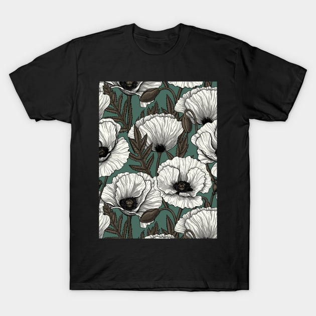 Poppy garden in white, brown and pine green T-Shirt by katerinamk